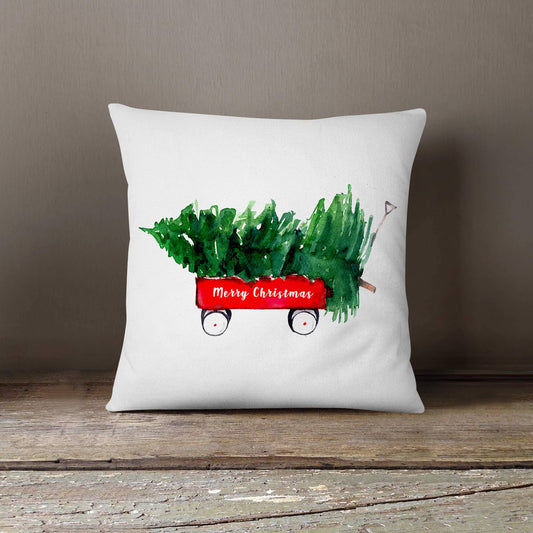 Christmas Red Wagon Watercolor-Pillow Cover